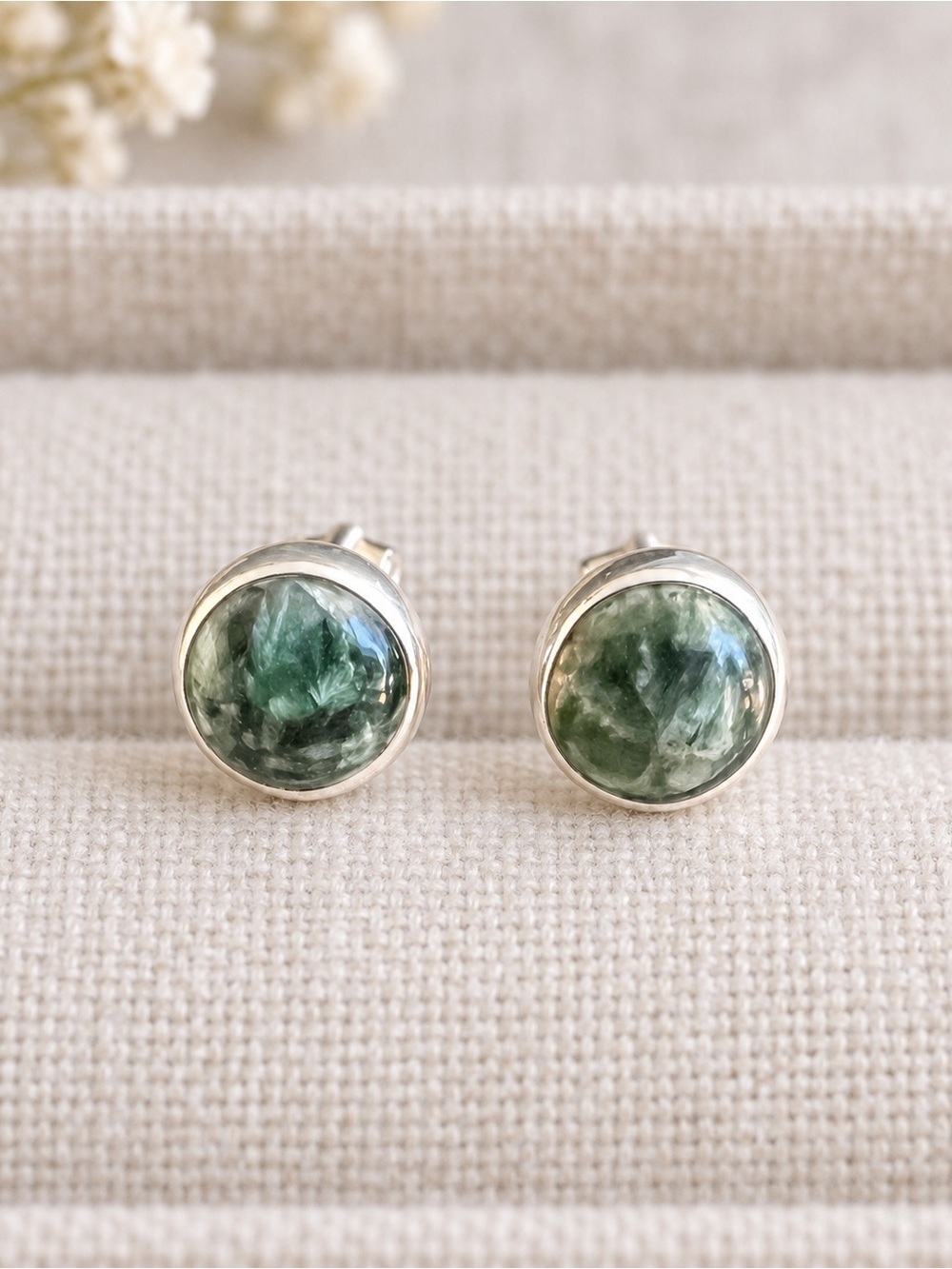 Artisan Seraphinite 925 Sterling Silver Bezel Set Earrings NWOT 1/4" #708